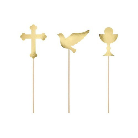 Pikery toppery I Komunia Święta złote dekoracje na tort 1,5cm 6szt