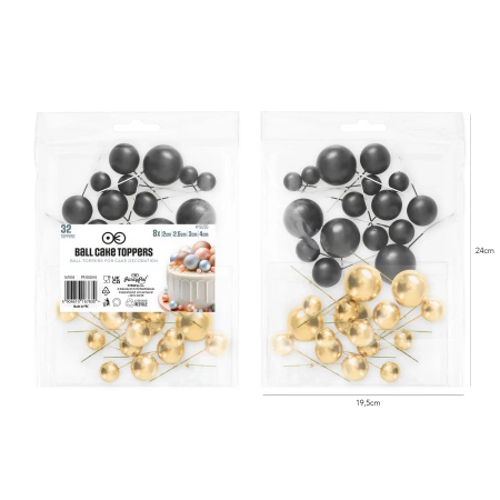 Pikkery Toppery na tort kulki czarno - złote 32 szt.