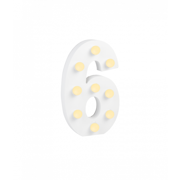 Świecąca Cyfra LED "6" Light Letter, drewniana biała 17x12 cm