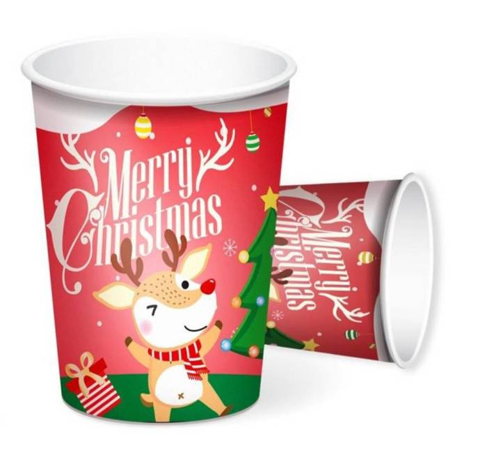 Kubeczki papierowe Merry Christmas czerwone z reniferem 6 szt.