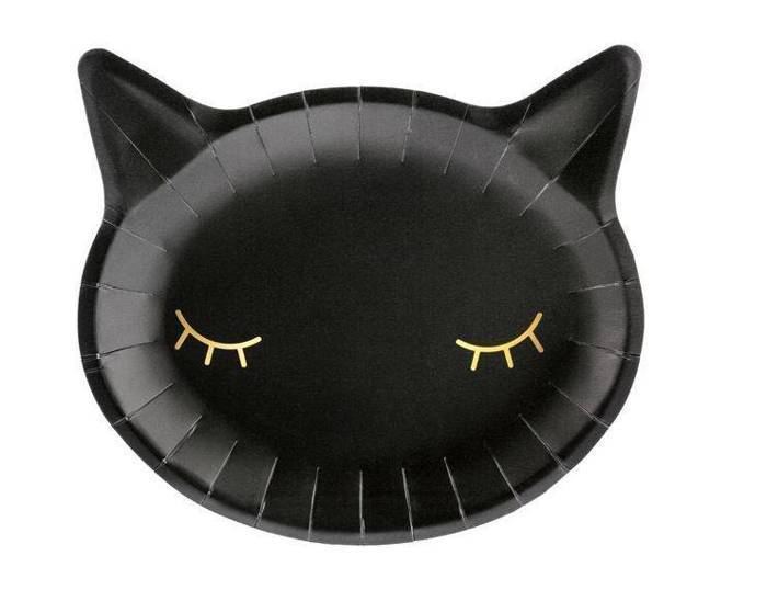 Talerzyki papierowe Kotek czarny ze złotym zdobieniem 22 cm 6 szt.