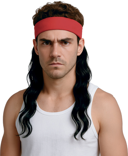 Peruka czarna długie włosy z czerwoną opaską