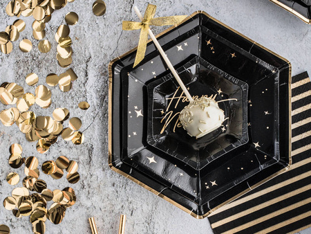 Talerzyki czarne papierowe sześciokąt 23 cm 6 szt. Sylwester Karnawał