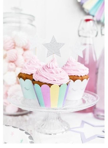 Pikery toppery Gwiazdki srebrne dekoracje na tort muffinki 6 szt