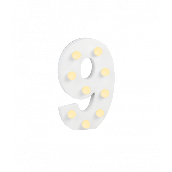Świecąca Cyfra LED "9" Light Letter, drewniana biała 17x12 cm