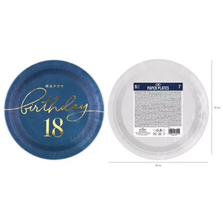 Talerzyki papierowe 18 URODZINY granatowe 18 cm 6 szt.