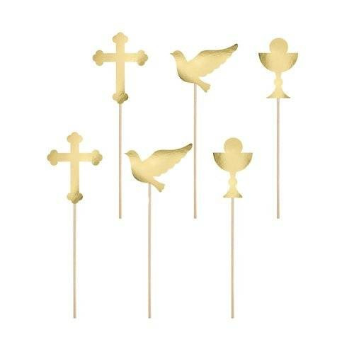 Pikery toppery I Komunia Święta złote dekoracje na tort 1,5cm 6szt