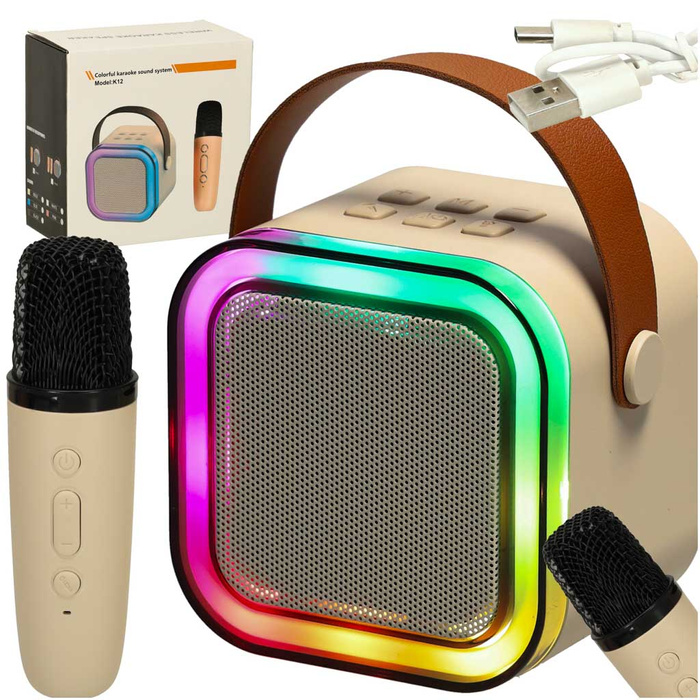 Zestaw do karaoke głośnik Bluetooth mikrofon USB LED beżowy