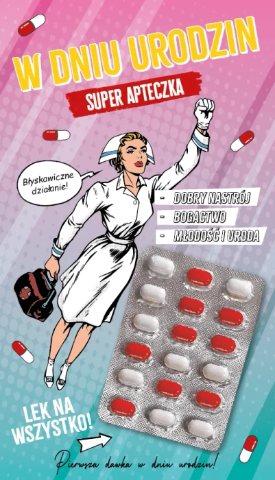 Kartka urodzinowa Super Apteczka z tabletkami