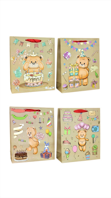 Torebka prezentowa 26 x 32 cm Misie kraft mix