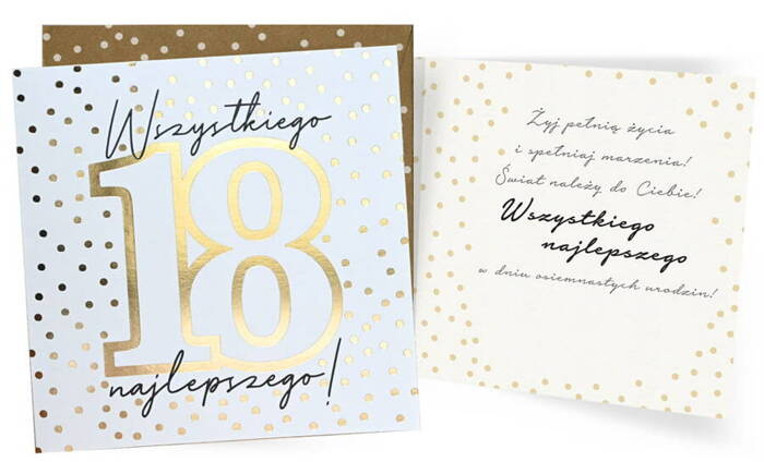 Kartka okolicznościowa 18-ste Urodziny biała kropki 15,5 cm