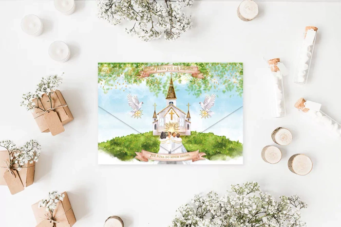 Kartka z życzeniami  Pierwszą Komunię kolorowa z kieszonką na pieniądze 1 szt.