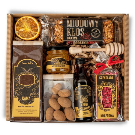 Box zestaw prezentowy prezent kawa miód syrop czekolada baton migdały kraft