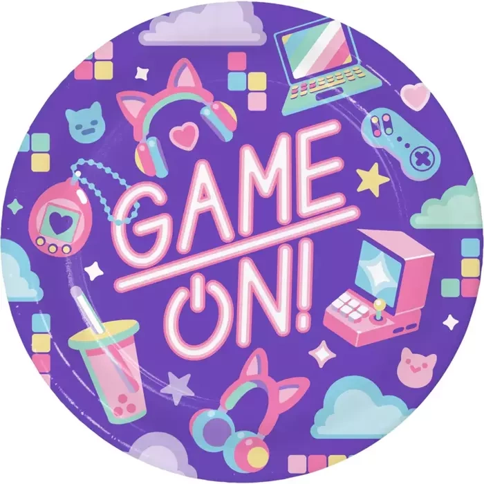 Talerzyki papierowe Gaming Party fioletowe 23 cm 8 szt.