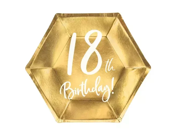 Talerzyki papierowe 18th Birthday złote 20 cm 6 szt.