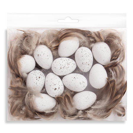 Jajka przepiórcze białe 4 cm + piórka
