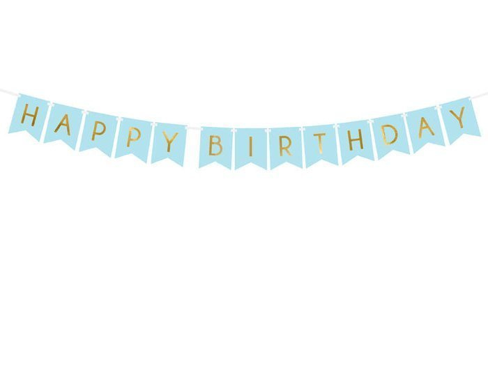 Baner girlanda "Happy Birthday" złoty napis -niebieski