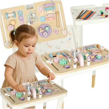 Tablica manipulacyjna LULILO LUDO stolik drewniany sensoryczny 2w1 różowy