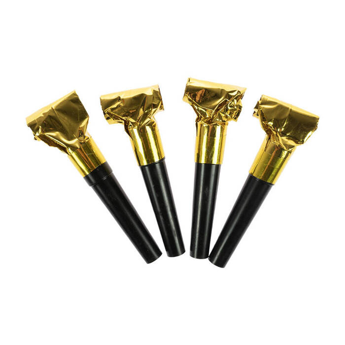 Gwizdki trąbki rozwijane złote Glam Party 4 sztuki Sylwester Karnawał