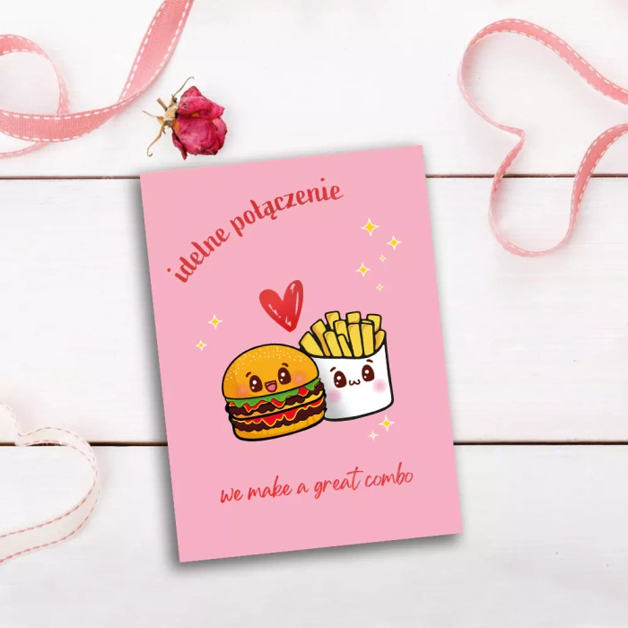 Kartka z życzeniami na Walentynki "Idealne połączenie" Burger i frytki