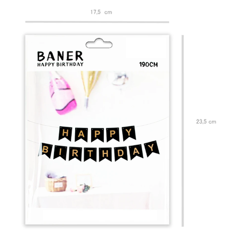 Baner girlanda CZARNY "Happy Birthday" złoty napis