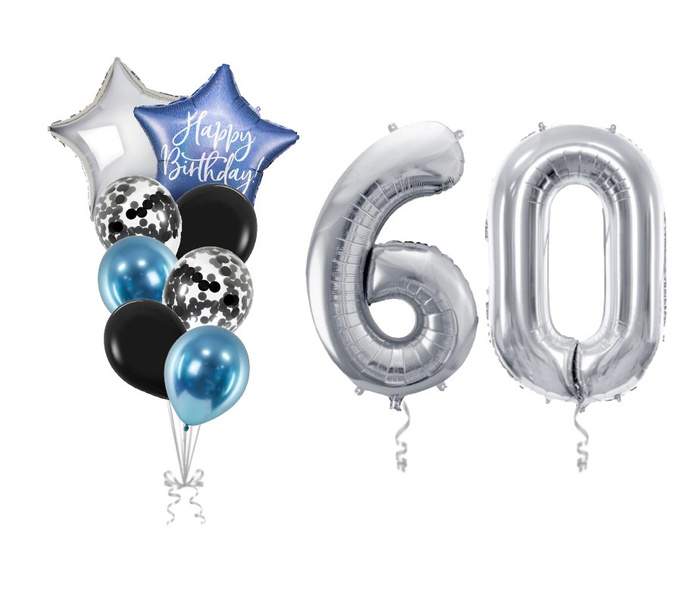 Zestaw balonów na 60 urodziny bukiet balonowy z helem srebrno niebieski
