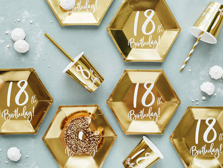 Talerzyki papierowe 18th Birthday złote 20 cm 6 szt.