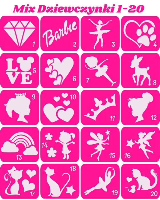 Szablony do tatuaży brokatowych tematyczne 20 szt. Mix dziewczynki