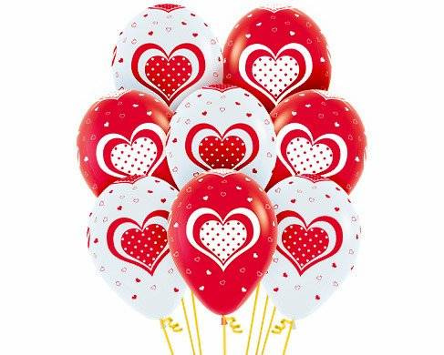 Balony Sempertex Serca w kropki 12'' 12 szt Mix biało-czerwony