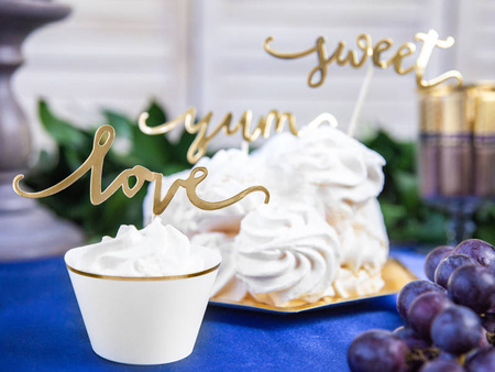 Pikery toppery napisy love sweet yum złote dekoracje muffinek tortu 6 szt