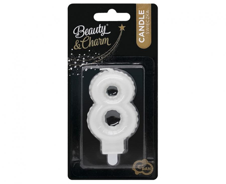 Świeczka urodzinowa cyfra 8 jak balon foliowy perłowa biała, 7 cm