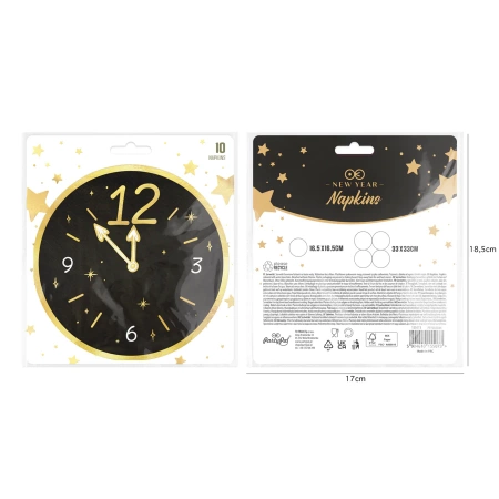 Serwetki papierowe czarne Happy New Year Zegar na Sylwestra 10szt.