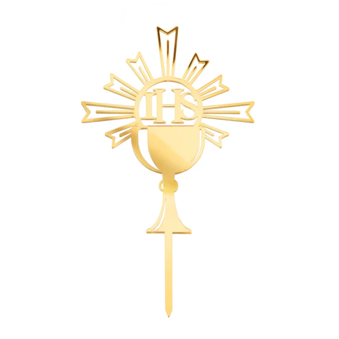 Topper lustrzany na tort Komunia Święta IHS Kielich 14 cm