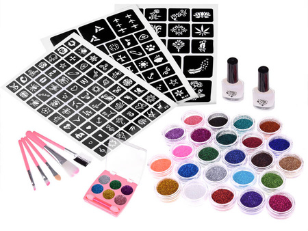 Duży zestaw do tatuaży brokatowych (szablony, pędzle, klej, brokaty)