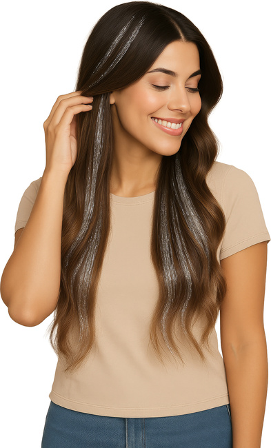 Włosy syntetyczne pasemka brokatowe srebrne 50 cm x 3 szt.