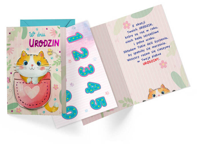 Kartka okolicznościowa Urodziny dziecięce (wymienne cyferki) kotek