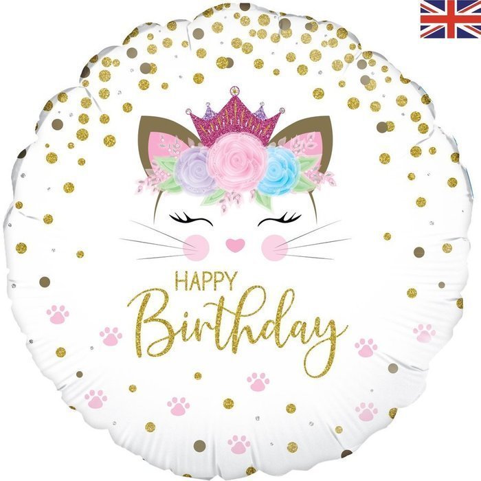 Balon foliowy Happy Birthday Kotek okrągły 18"