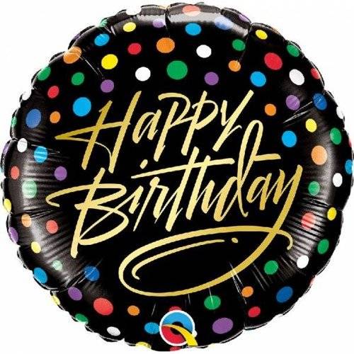 Happy Birthday koloorowe kropki czarny okrągły balon foliowy Qualatex 