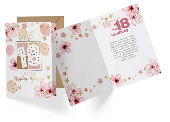 Kartka urodzinowa 18 URODZINY biało-różowa