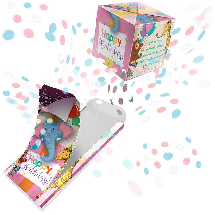 Kartka urodzinowa wybuchająca konfetti - Happy Birthday słonik