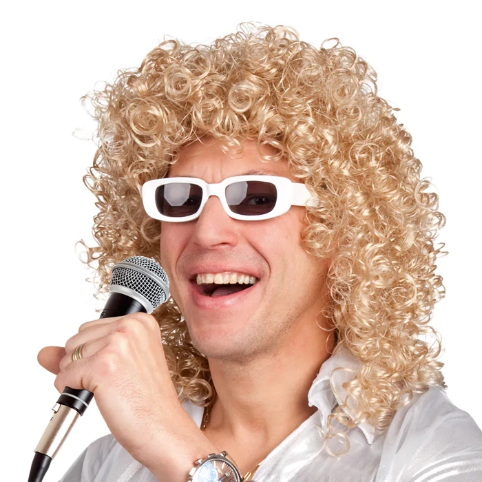 Peruka męska blond loki z okularami piosenkarz