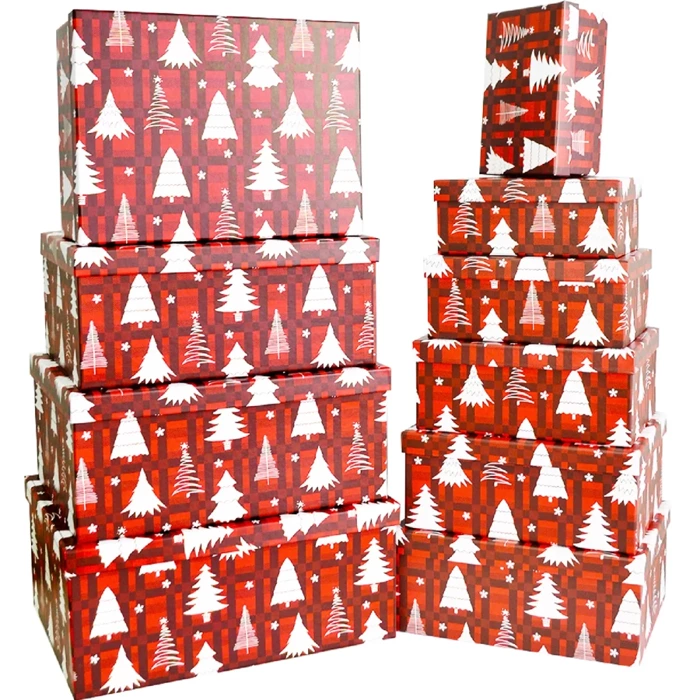 Pudełko prezentowe świąteczne czerwone - białe choinki