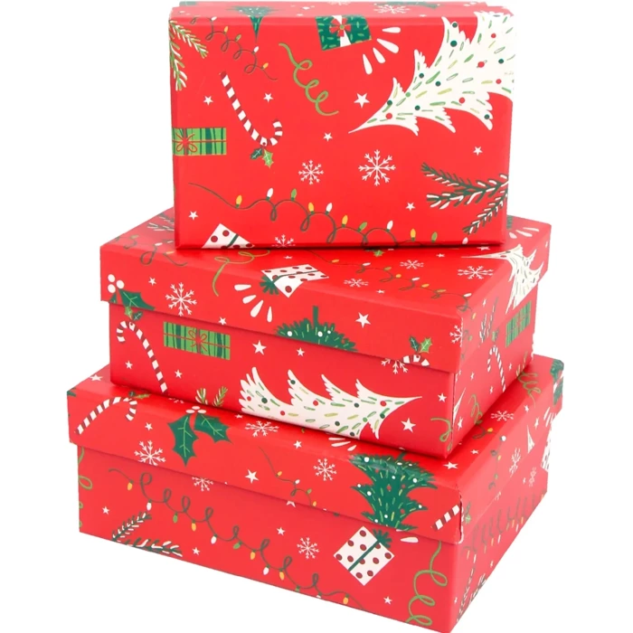 Pudełko prezentowe świąteczne czerwone - kolorowe wzory