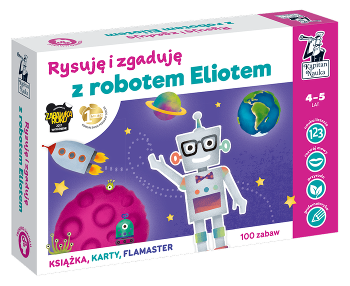 RYSUJĘ I ZGADUJĘ Z ROBOTEM ELIOTEM KSIĄŻKA KARTY KAPITAN NAUKA