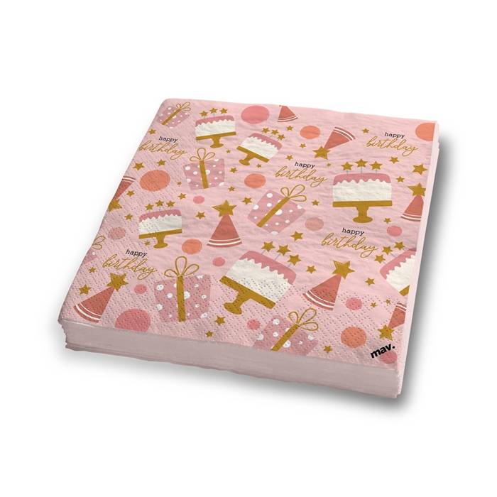 Serwetki papierowe Happy Birthday różowe TORT 33 x 33 cm 20 szt.