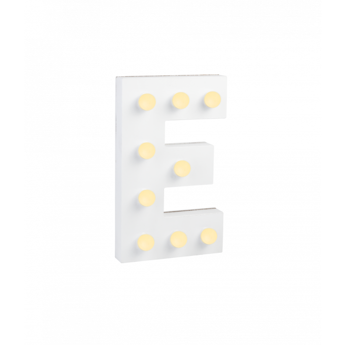 Świecąca Litera LED "E" Light Letter, drewniana biała 17x12 cm