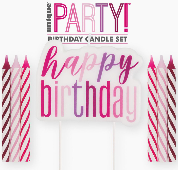 Świeczki urodzinowe na tort Happy Birthday zestaw różowy 13 szt.