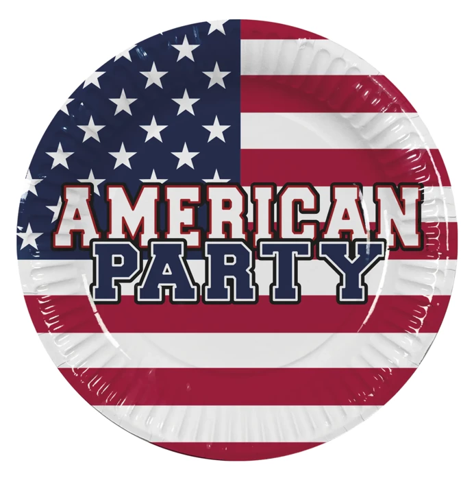 Talerzyki papierowe flaga USA, American Party okrągłe 23 cm 10 szt. 