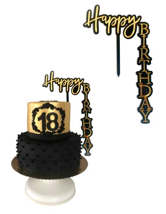 Topper dekoracyjny na tort Happy Birthday pionowy czarny