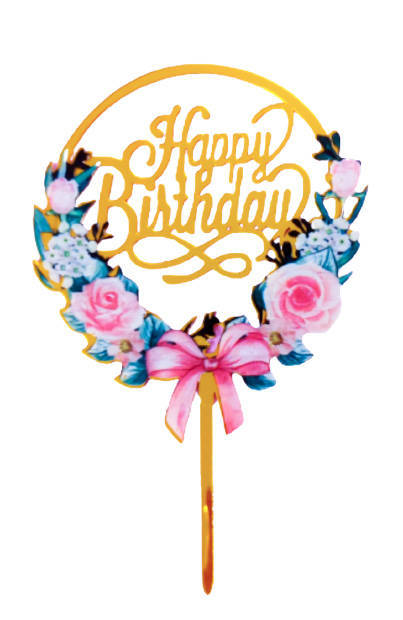 Topper dekoracyjny na tort okrągły HAPPY BIRTHDAY kwiaty